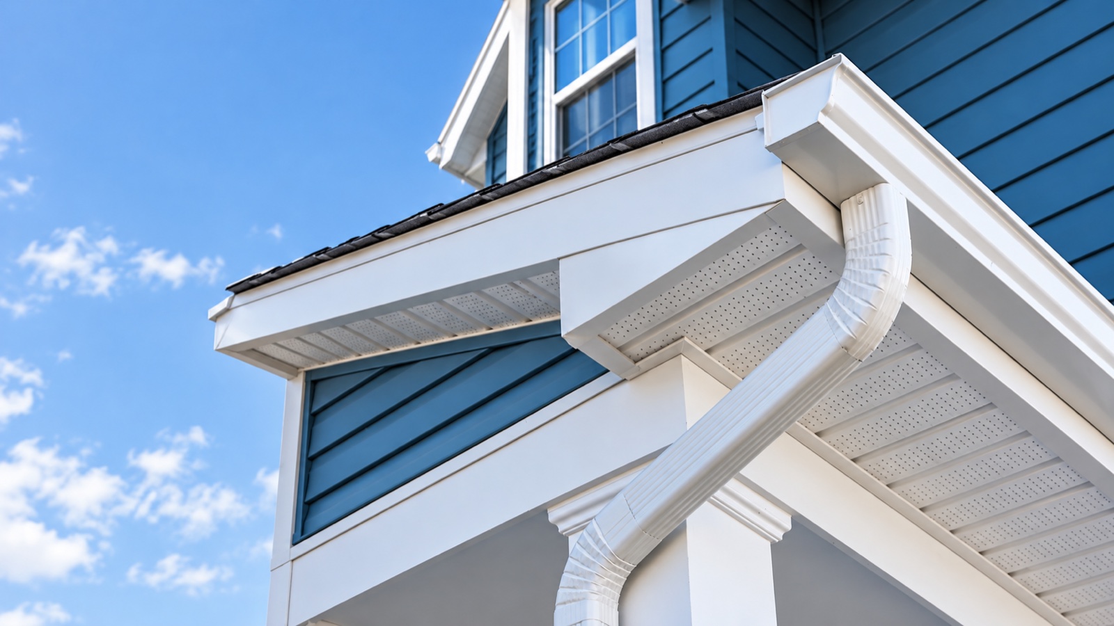 White gutter and downspout on a New Jersey-style home exterior