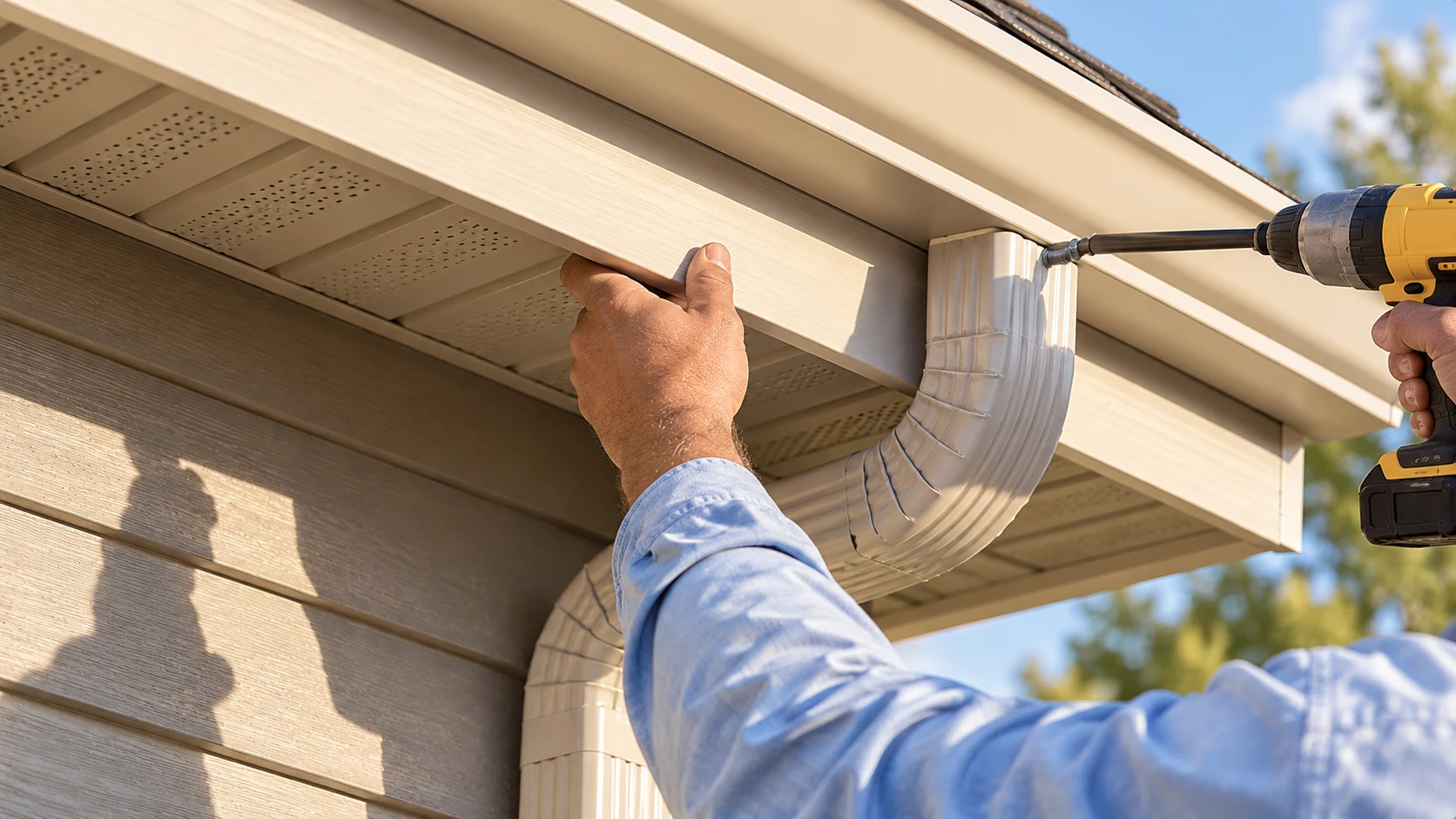 Professional replacing a gutter beside the soffit and fascia of a New Jersey home