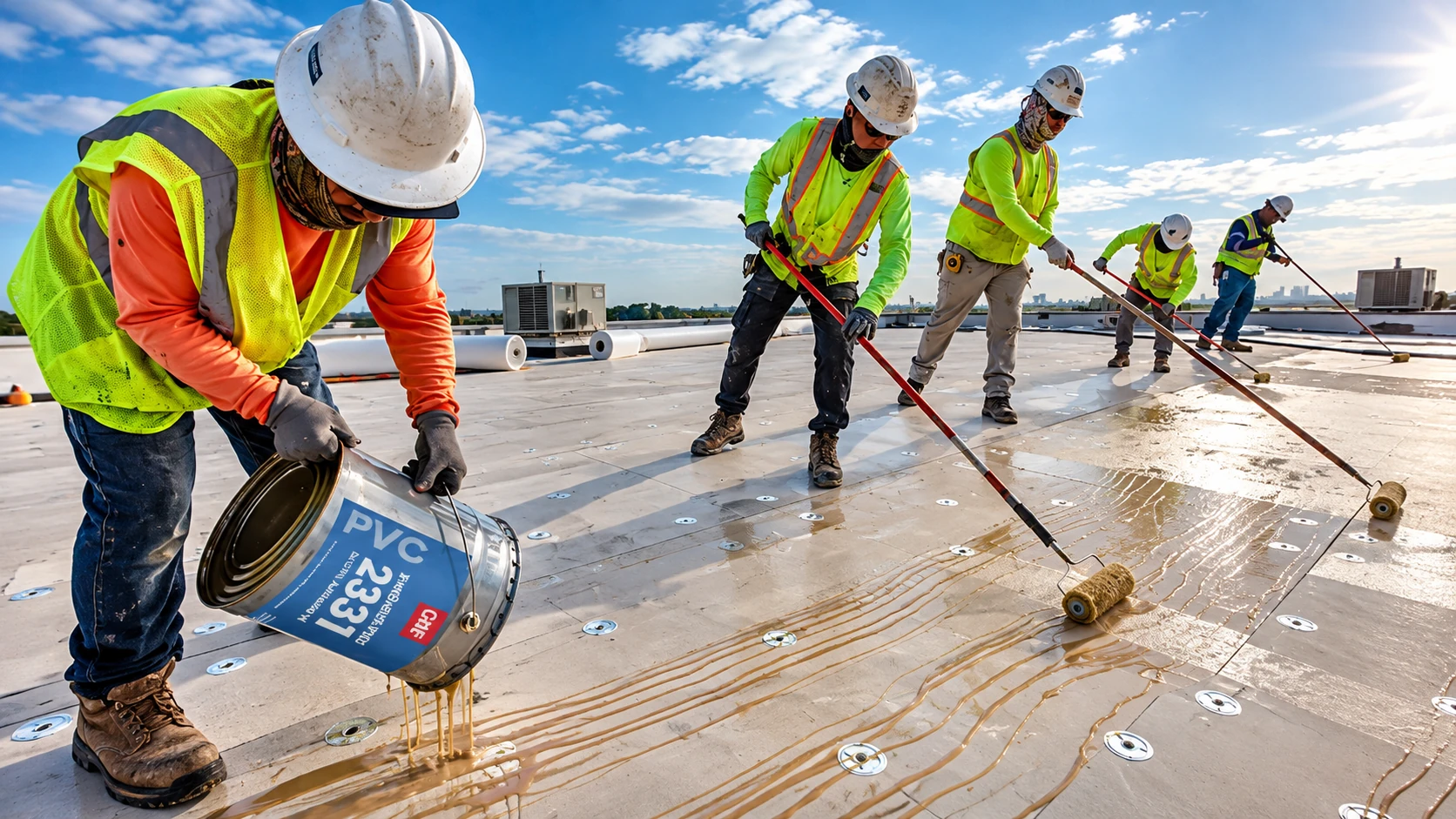 Commercial roofing crew installing a flat roof system in New Jersey