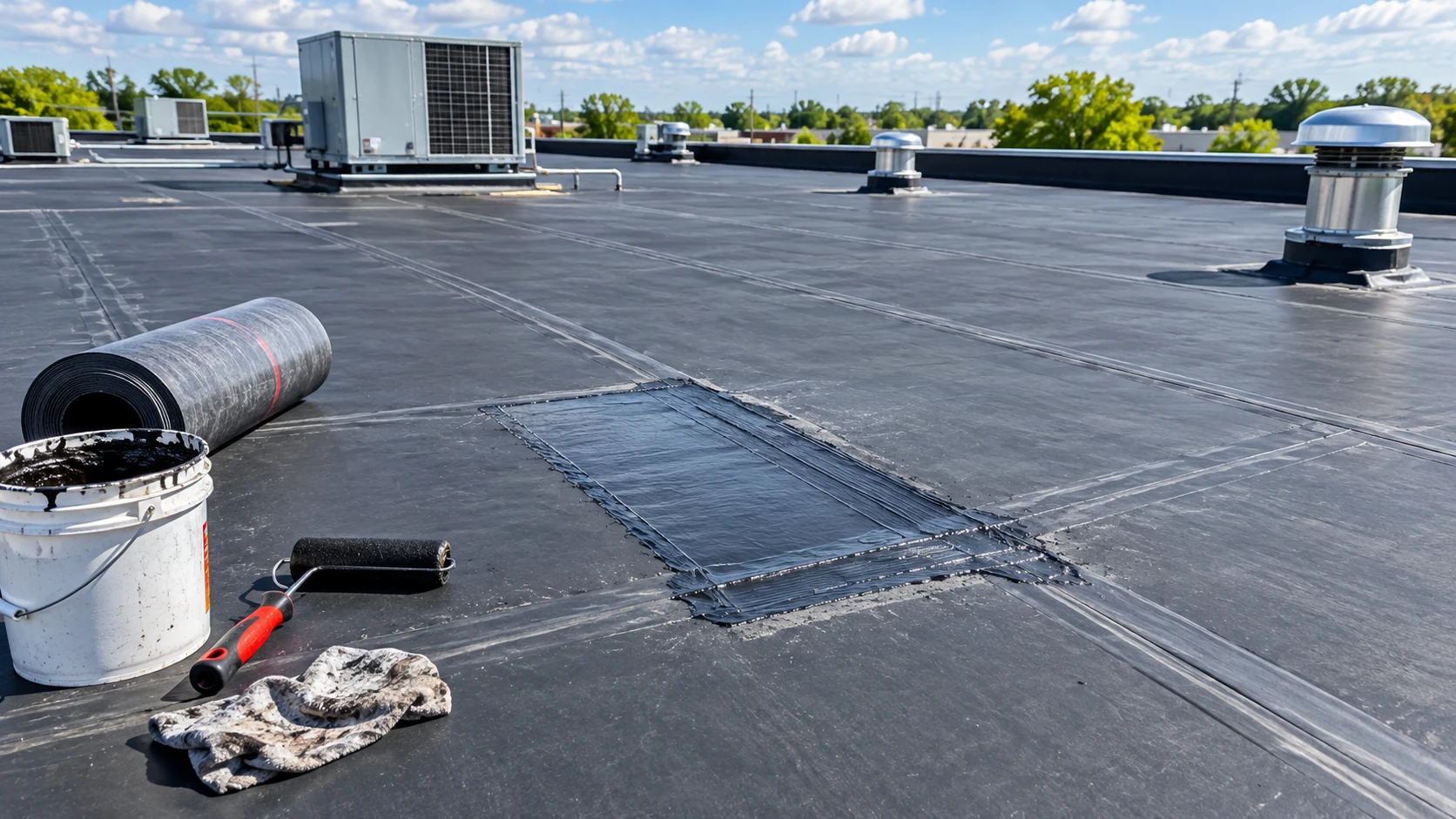 Completed repair patch on a commercial flat roof in New Jersey