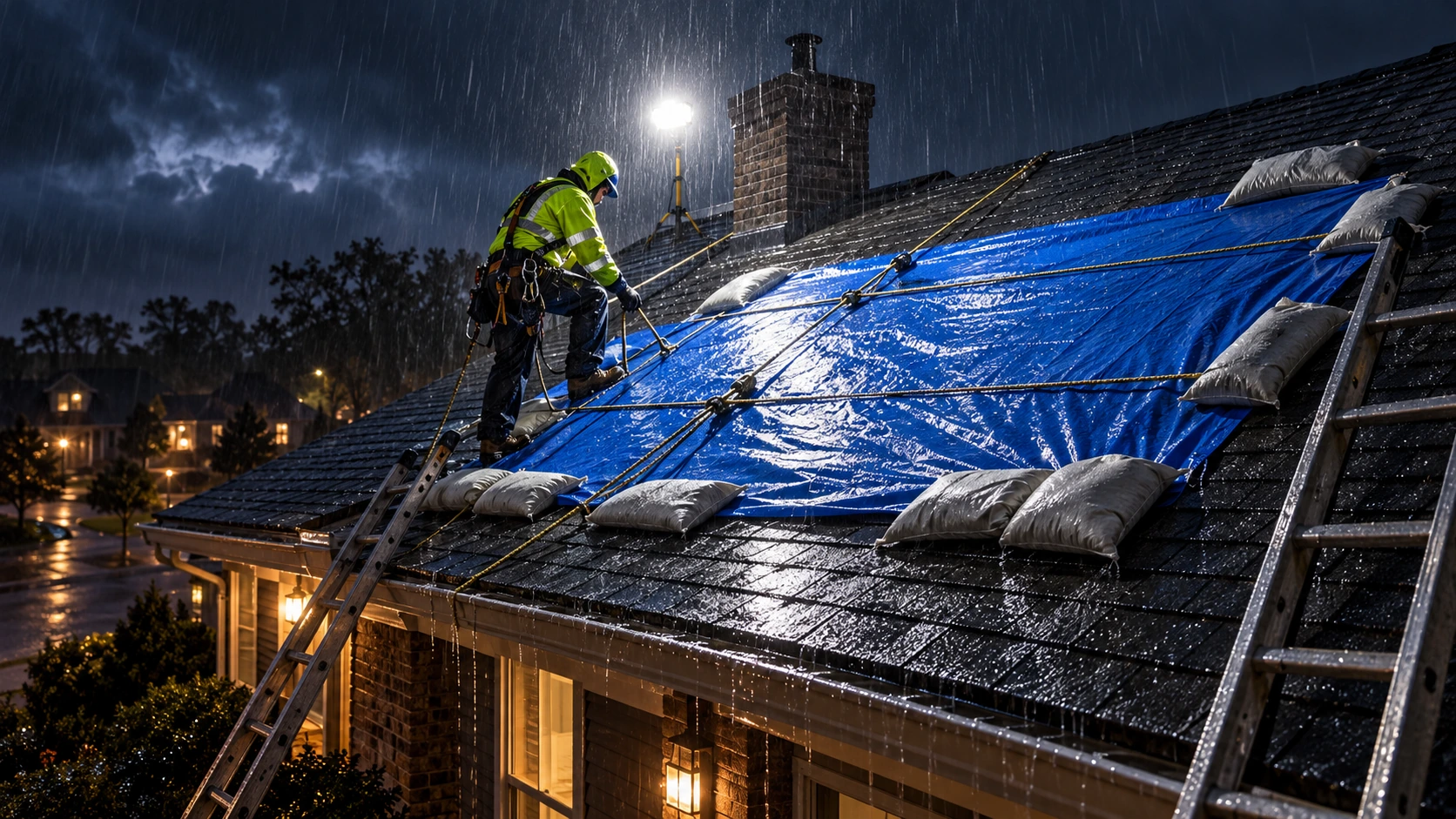 Emergency roofer securing a temporary tarp during heavy rain in New Jersey