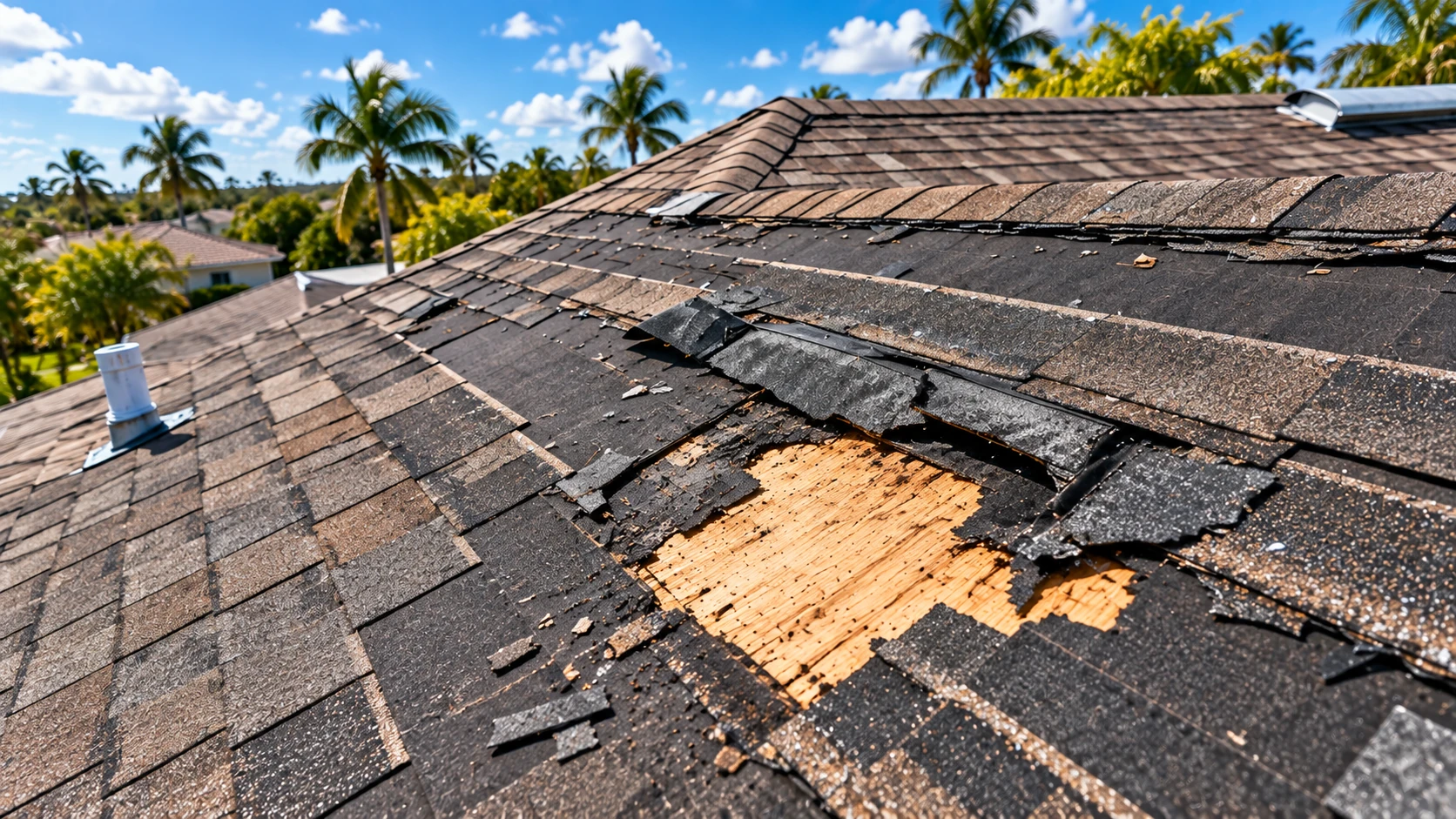 Damaged asphalt shingles and exposed roof decking requiring repair