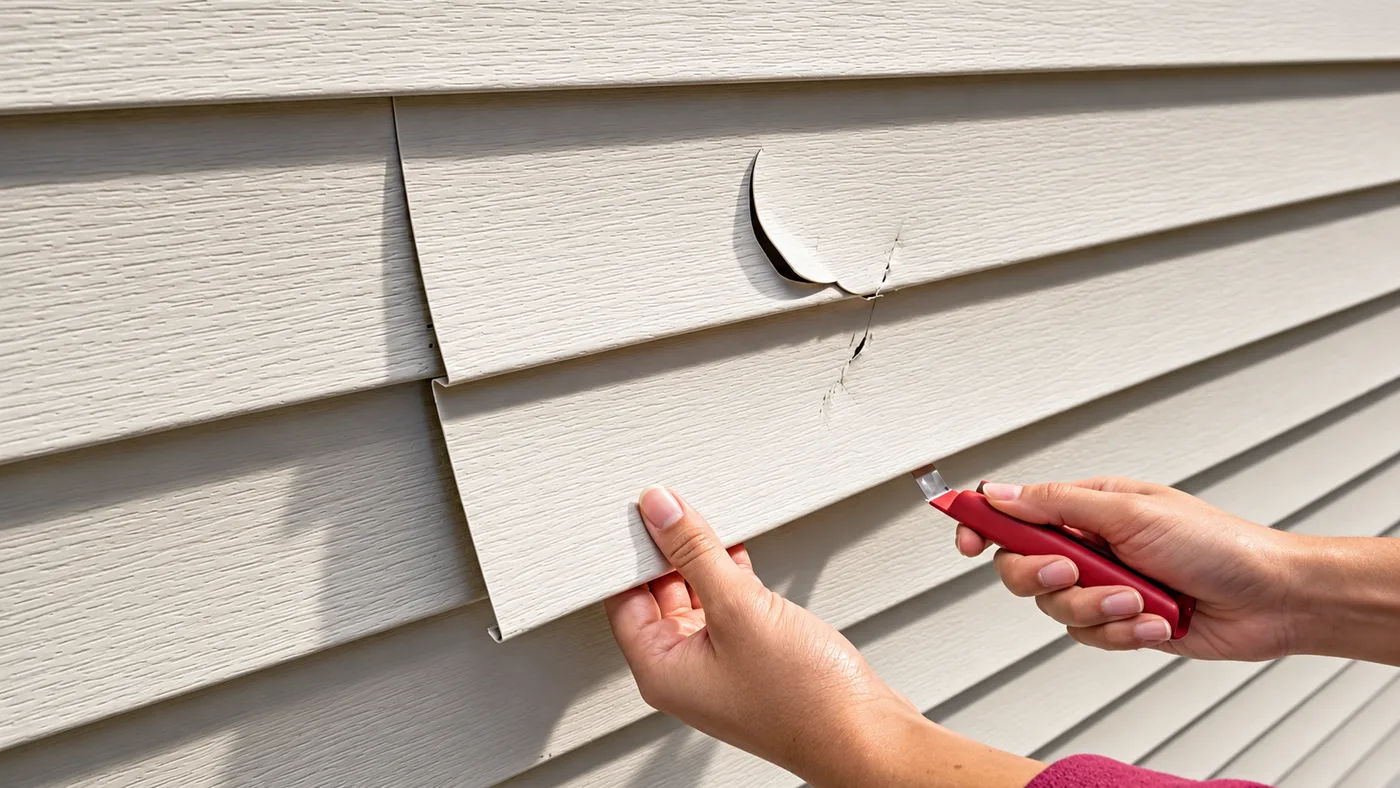 Cracked vinyl siding panel being removed